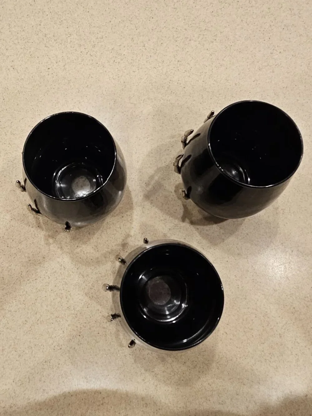 3 SPOOKY METAL SKULL SKELETON HAND BLACK STEMLESS WINE WATER BAR GLASS GOBLET